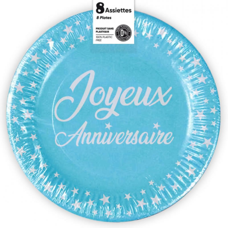 ASSIETTES J.ANNIVERSAIRE BLEUES X8 (23CM)