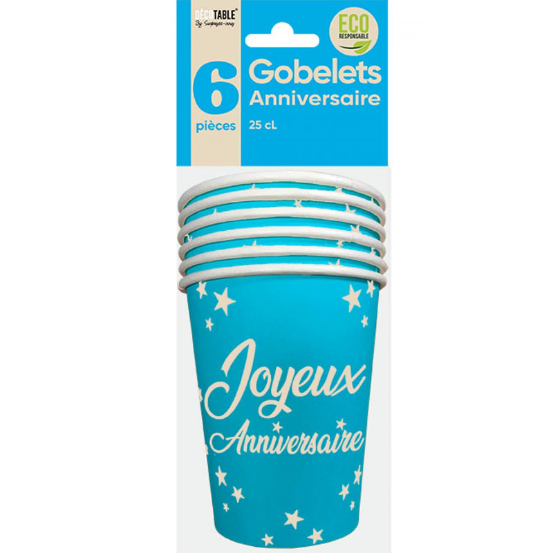 GOBELETS J.ANNIVERSAIRE BLEUS X6 (25CL)