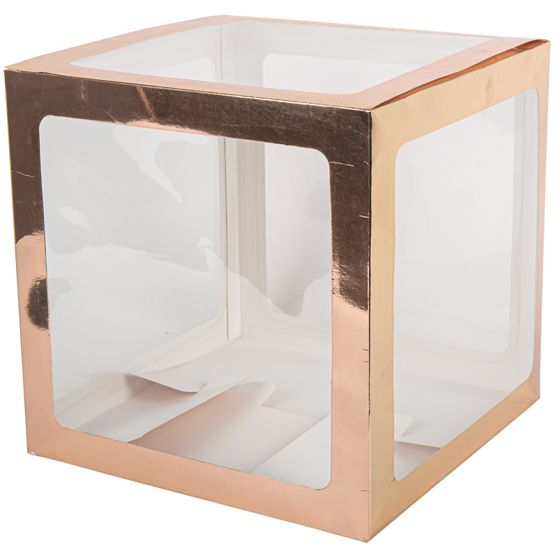 CUBE À BALLONS TRANSPARENT CONTOURS ROSE GOLD (30CM)