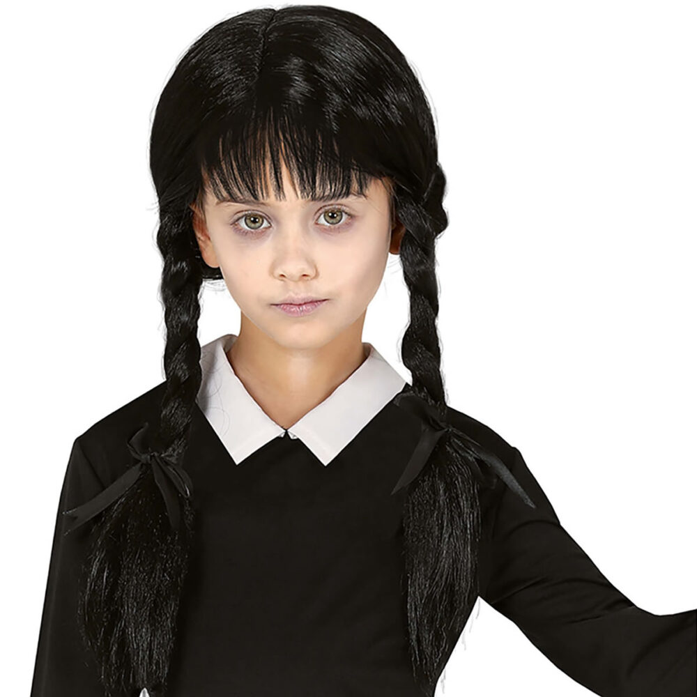 PERRUQUE TRESSES NOIRES AVEC FRANGE ENFANT, BOÎTE