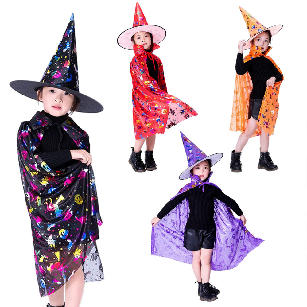 SET CAPE 80CM ET CHAPEAU DE SORCIERE 34 CM (4 COLORIS)