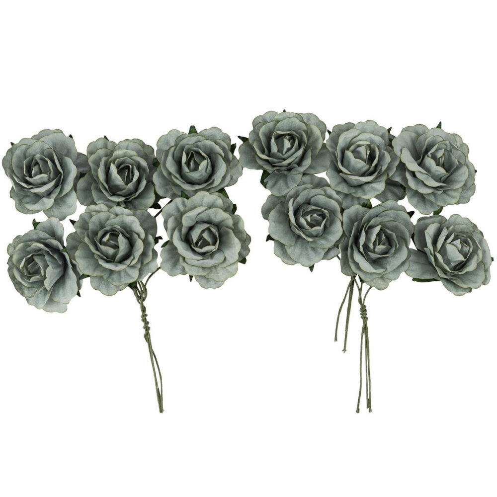ROSES PAPIER VERT DE GRIS X12 S/TIGE (3,5CM)