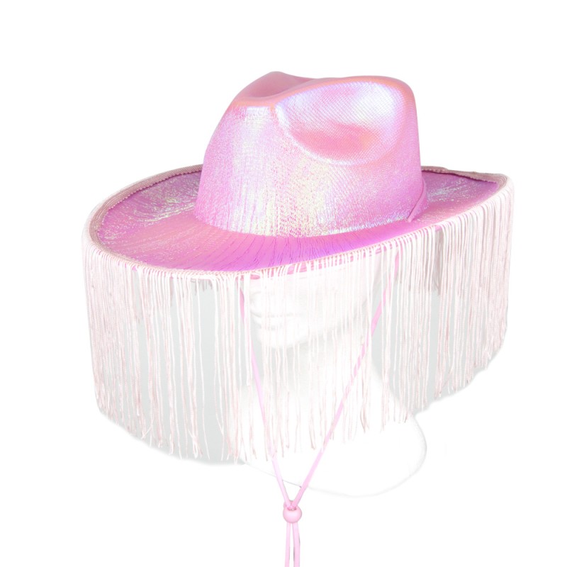 CHAPEAU COWBOY ROSE IRISÉ AVEC FRANGES