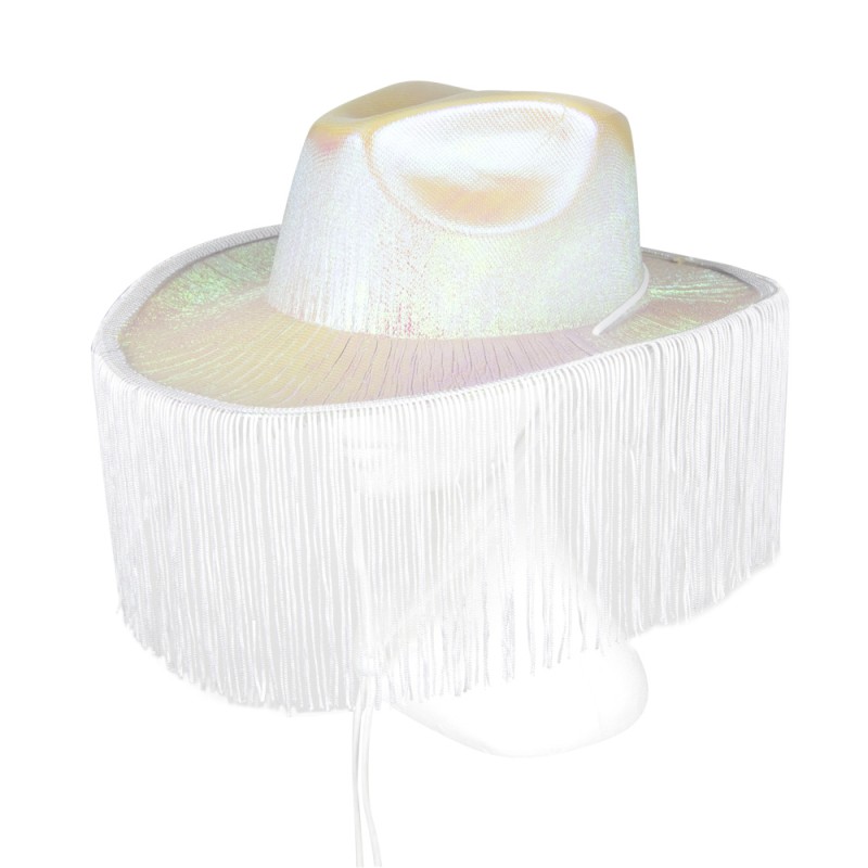 CHAPEAU COWBOY BLANC IRISÉ AVEC FRANGES