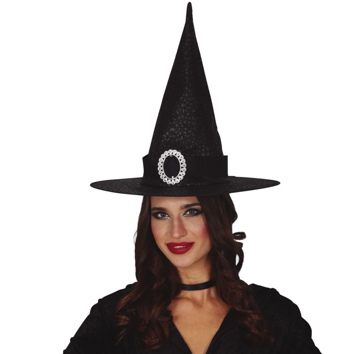 CHAPEAU SORCIÈRE NOIR AVEC BOUCLE ARGENTÉE