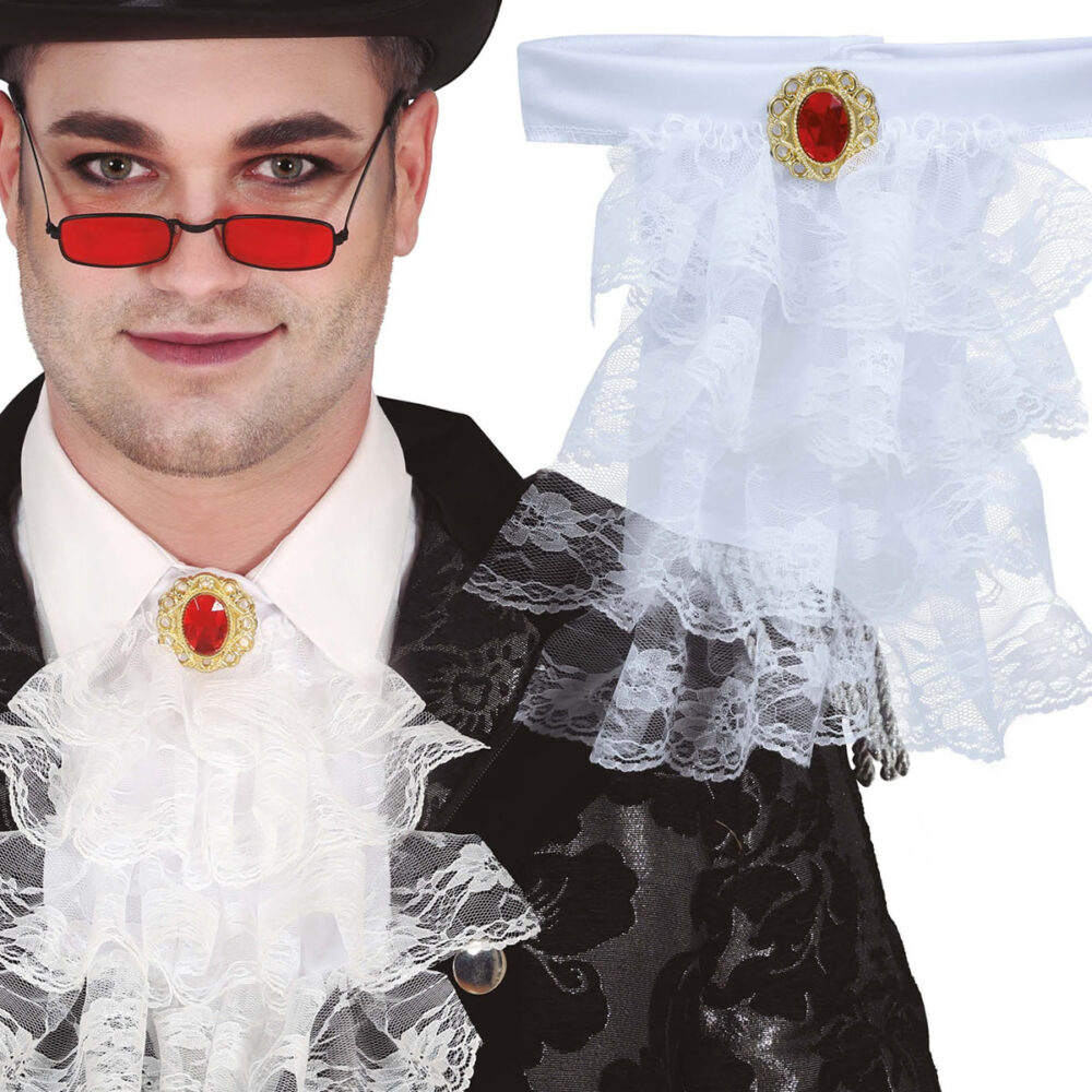 JABOT DE VAMPIRE DENTELLE BLANC GEMME ROUGE