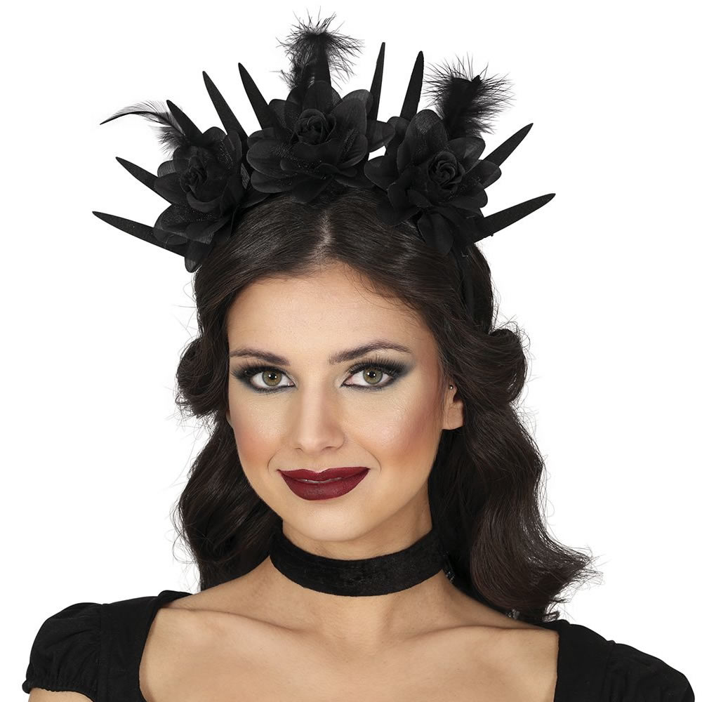 SERRE-TÊTE FLEURS NOIRES ET PLUMES