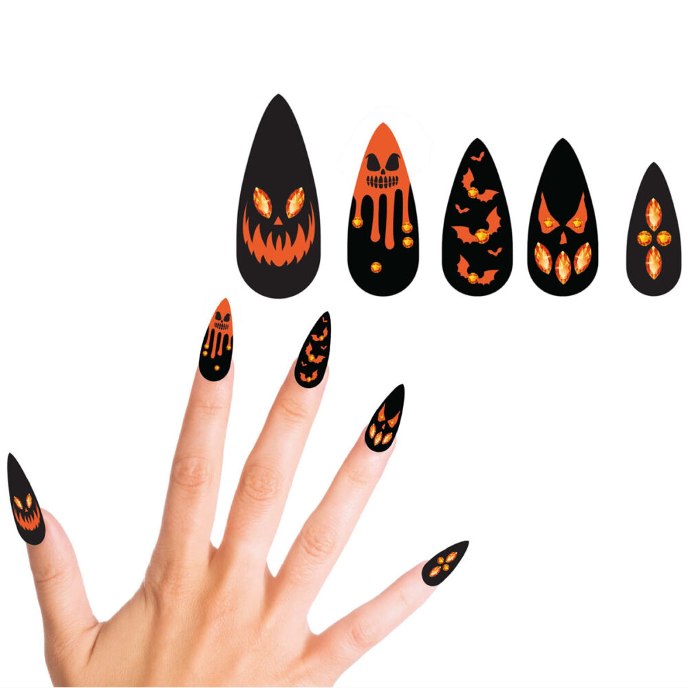 ONGLES CITROUILLES X12 AVEC BIJOUX ET COLLE