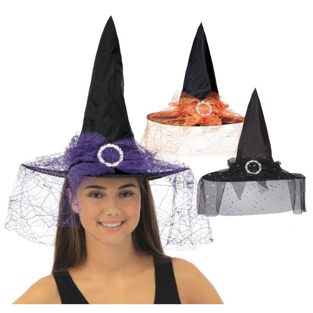 CHAPEAU SORCIÈRE RUBAN DENTELLE (3 COL. AU CHOIX)