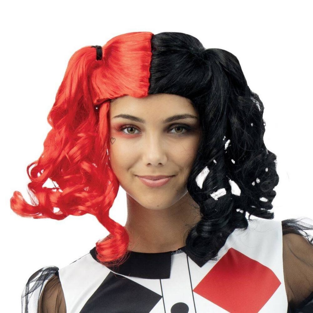PERRUQUE ARLEQUIN AVEC COUETTES NOIR ET ROUGE