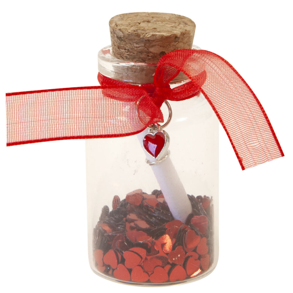 POT EN VERRE MESSAGE ET COEURS ROUGES
