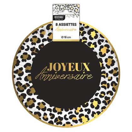 8 ASSIETTES ANNIVERSAIRE LÉOPARD (18CM) CARTON