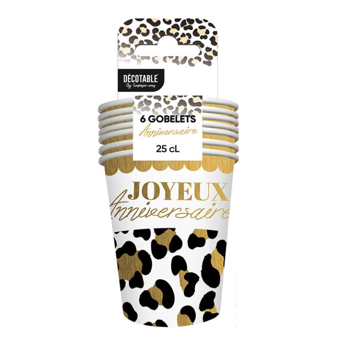 6 GOBELETS ANNIVERSAIRE LÉOPARD (25CL) CARTON