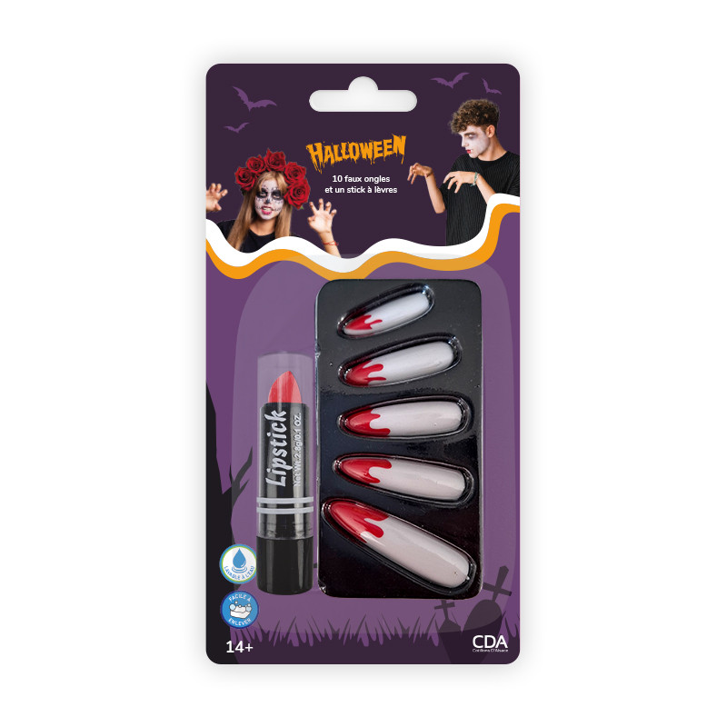 FAUX ONGLES SANGLANTS ET ROUGE À LÈVRES