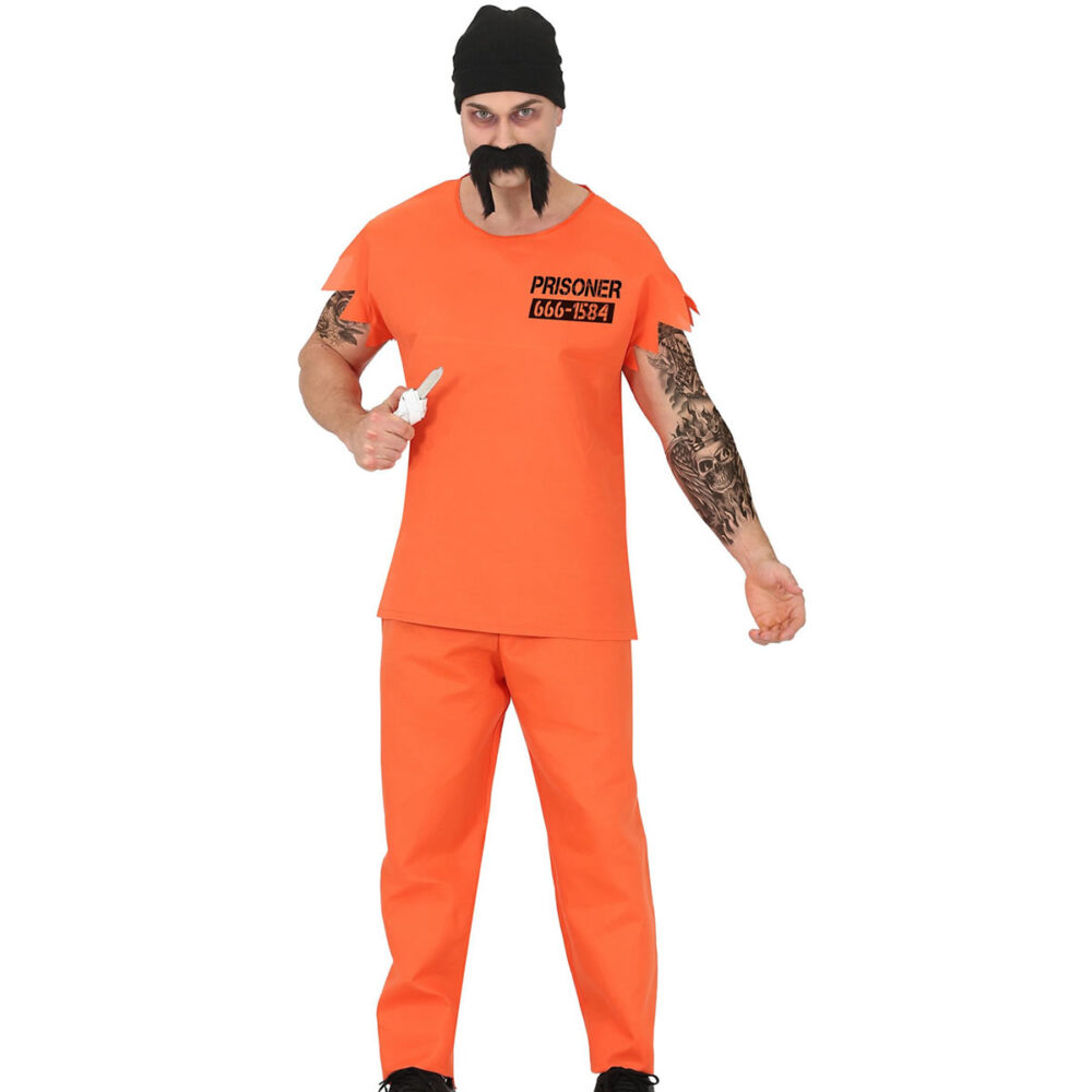 DÉGUISEMENT PRISONNIER (48/50 - M) CHAPEAU, PANTALON, MOUSTACHE, T-SHIRT
